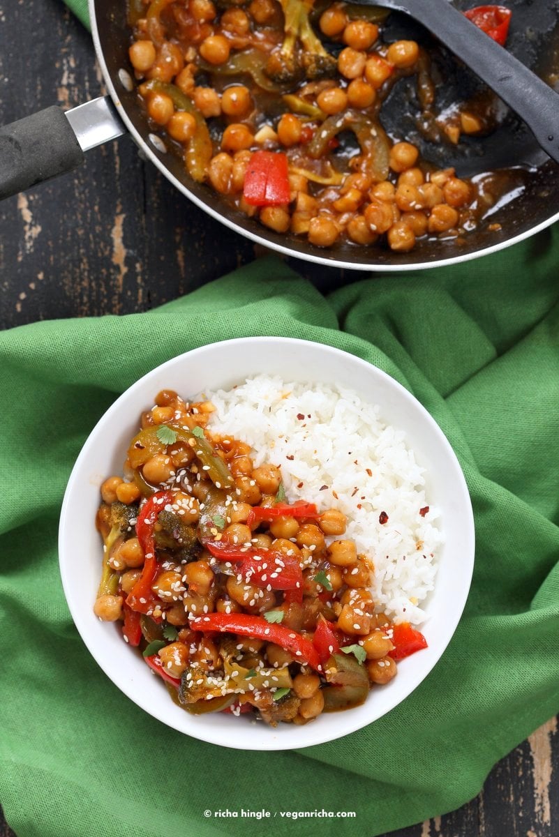 Sweet and Sour Chickpeas, Peppers, and Broccoli. Easy Weeknight One Pot Protein filled Meal. | VeganRicha.com #vegan #glutenfree #chickpeas