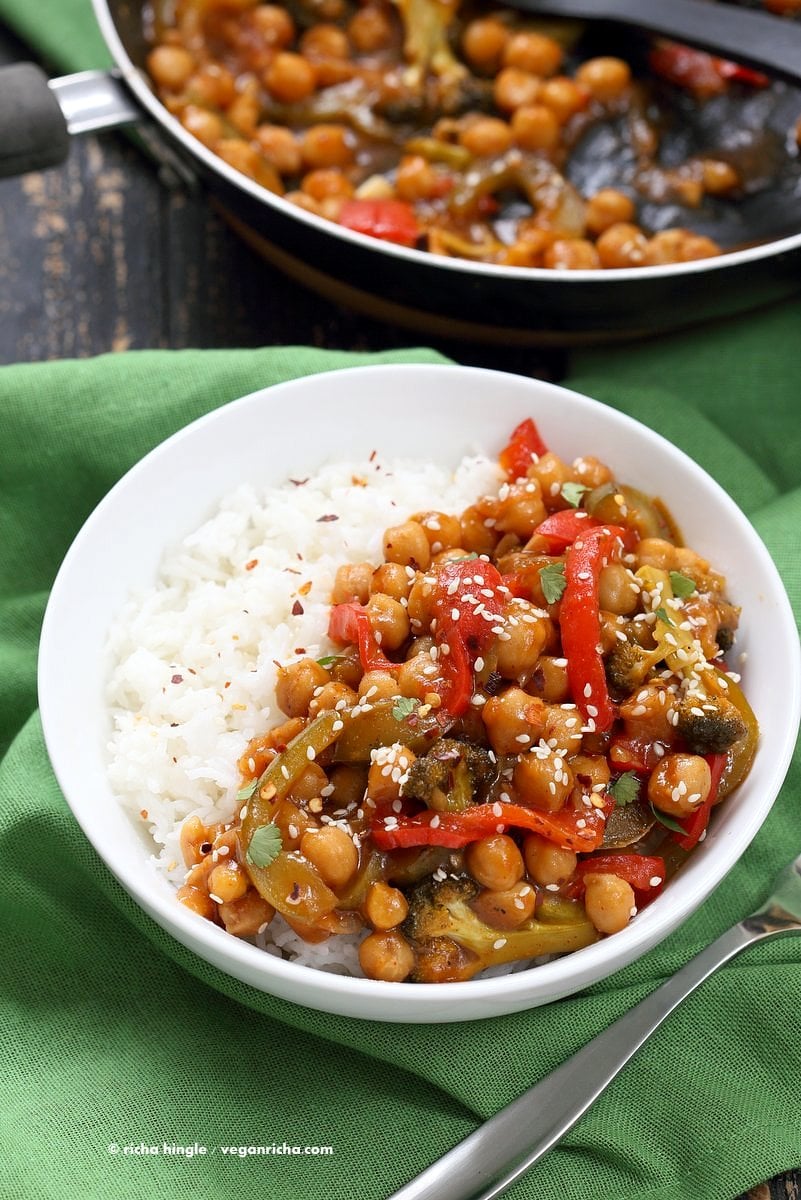 Sweet and Sour Chickpeas, Peppers, and Broccoli. Easy Weeknight One Pot Protein filled Meal. | VeganRicha.com #vegan #glutenfree #chickpeas