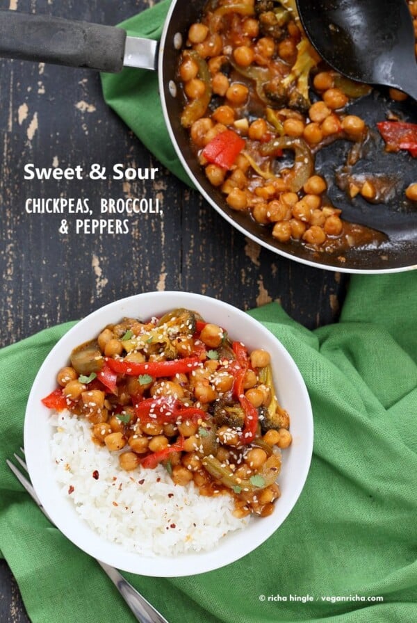 Sweet and Sour Chickpeas, Peppers, and Broccoli. Easy Weeknight One Pot Protein filled Meal. | VeganRicha.com #vegan #glutenfree #chickpeas #recipe #veganricha