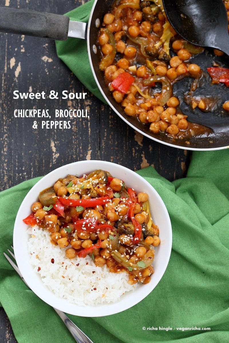 Sweet and Sour Chickpeas, Peppers, and Broccoli. Easy Weeknight One Pot Protein filled Meal. | VeganRicha.com #vegan #glutenfree #chickpeas #recipe
