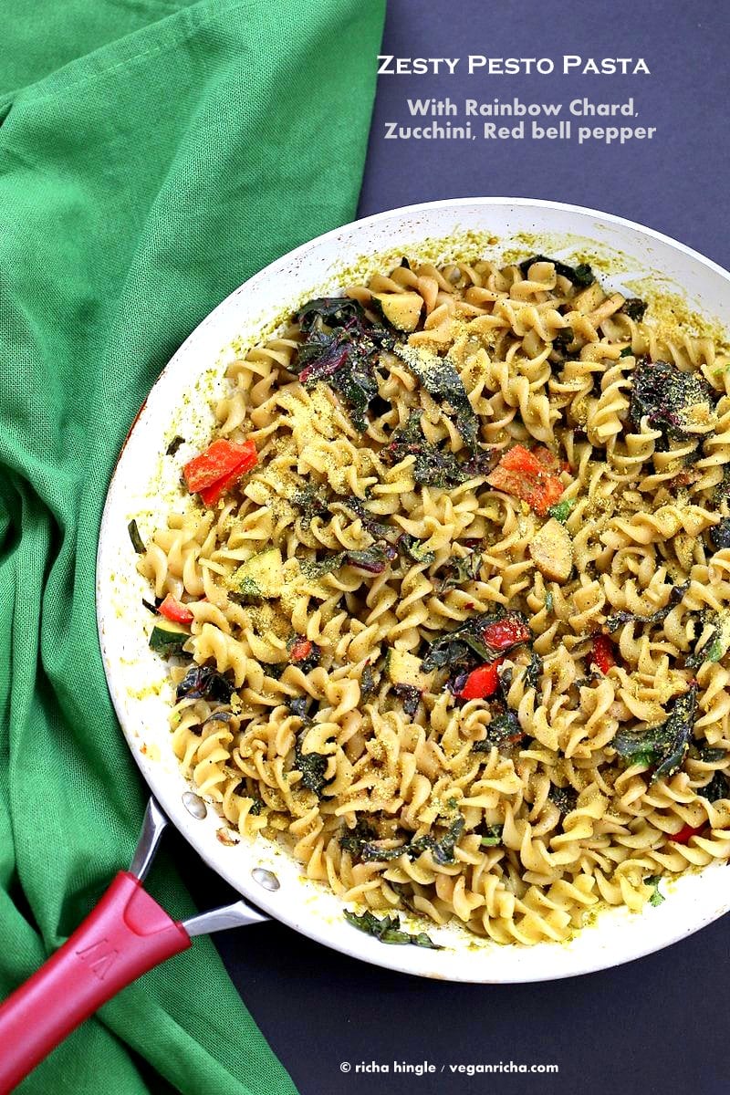 Zesty Pesto Pasta with Rainbow Chard, Zucchini, Red bell pepper | VeganRicha.com #vegan #pasta