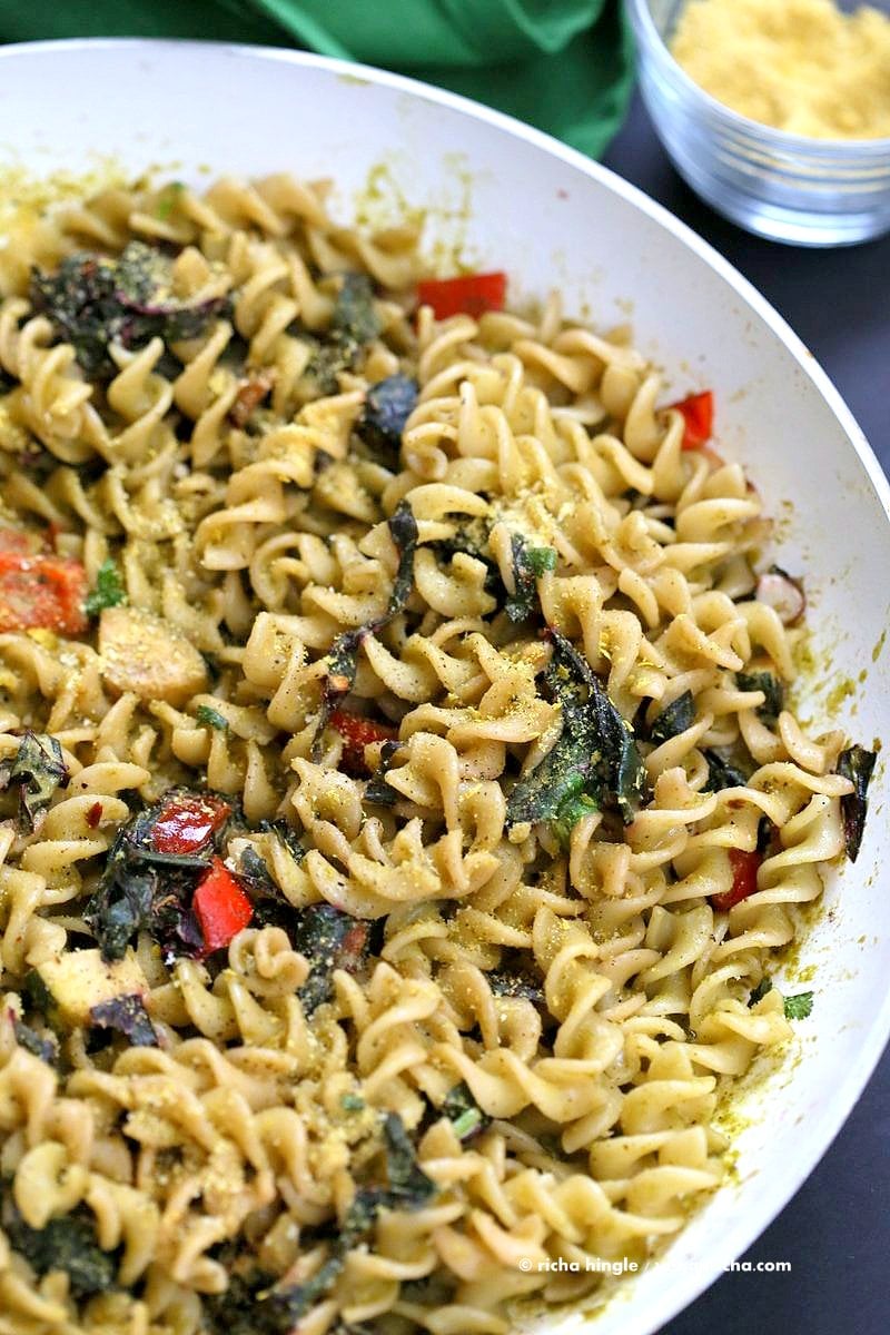 Zesty Pesto Pasta with Rainbow Chard, Zucchini, Red bell pepper | VeganRicha.com #vegan #pasta