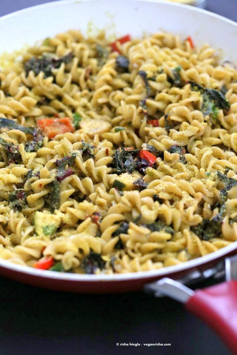 Zesty Pesto Pasta with Rainbow Chard, Zucchini, Red bell pepper | VeganRicha.com #vegan #pasta