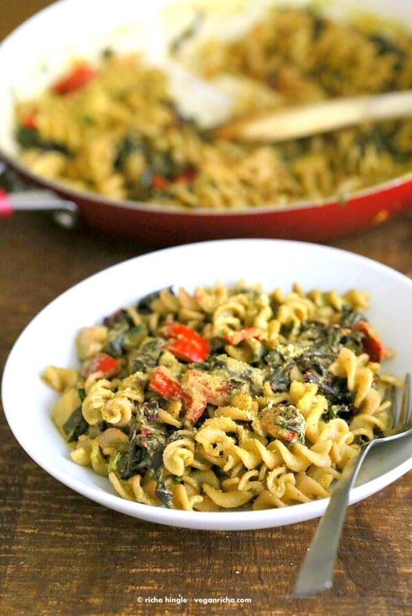 Zesty Pesto Pasta with Rainbow Chard, Zucchini, Red bell pepper | VeganRicha.com #vegan #pasta #glutenfree #veganricha