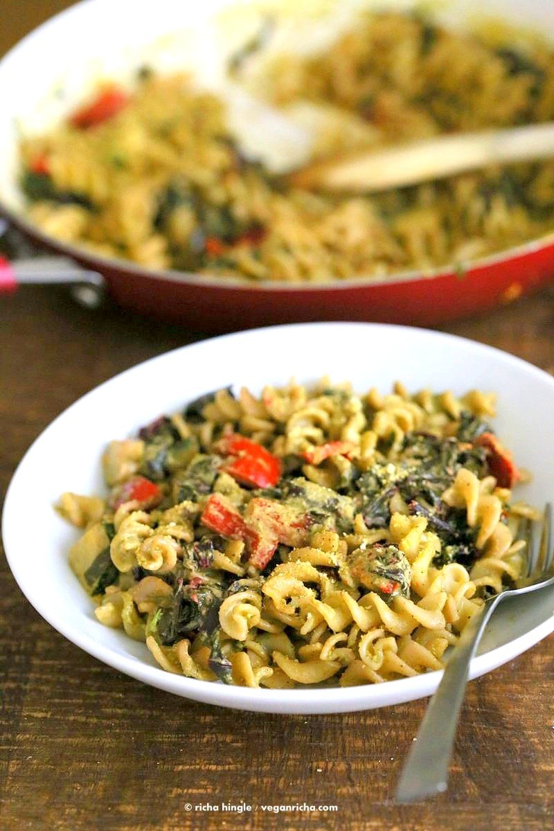 Zesty Pesto Pasta with Rainbow Chard, Zucchini, Red bell pepper | VeganRicha.com #vegan #pasta