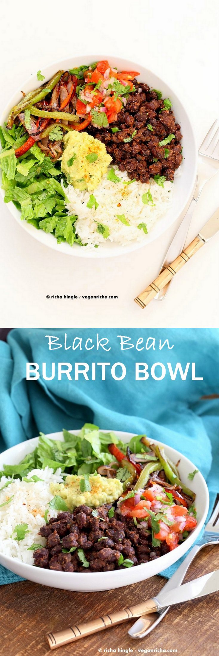 Easy Black Bean Burrito Bowl. Spicy black beans, roasted peppers and veggies, zesty guacamole, pico de gallo, fresh lettuce. DIY Burrito Bowl Chipotle style. | VeganRicha.com #vegan #glutenfree #soyfree #bowl #recipe