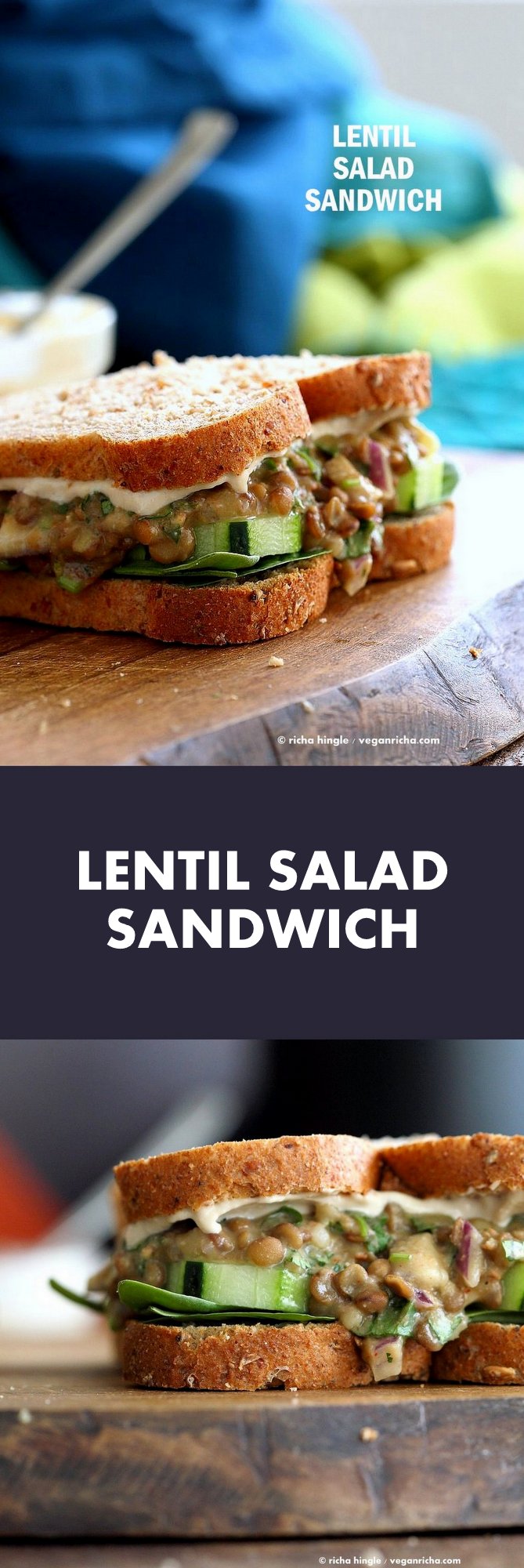 Falafel Spice Lentil Salad Sandwich with lemony tahini dressing. Lentils spiced with falafel spices & pickles served in sandwich or pita bread. | VeganRicha.com lentils sandwich vegan recipe