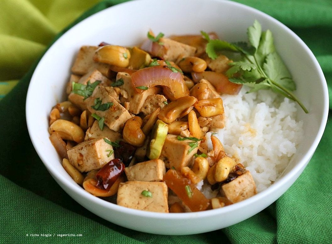 Cashew Tofu Stir Fry. Vegan Cashew Delight Recipe with Tofu and Veggies. Easy One Pot weeknight meal. Serve with rice or grains of choice. VeganRicha.com Vegan gluten-free Recipe