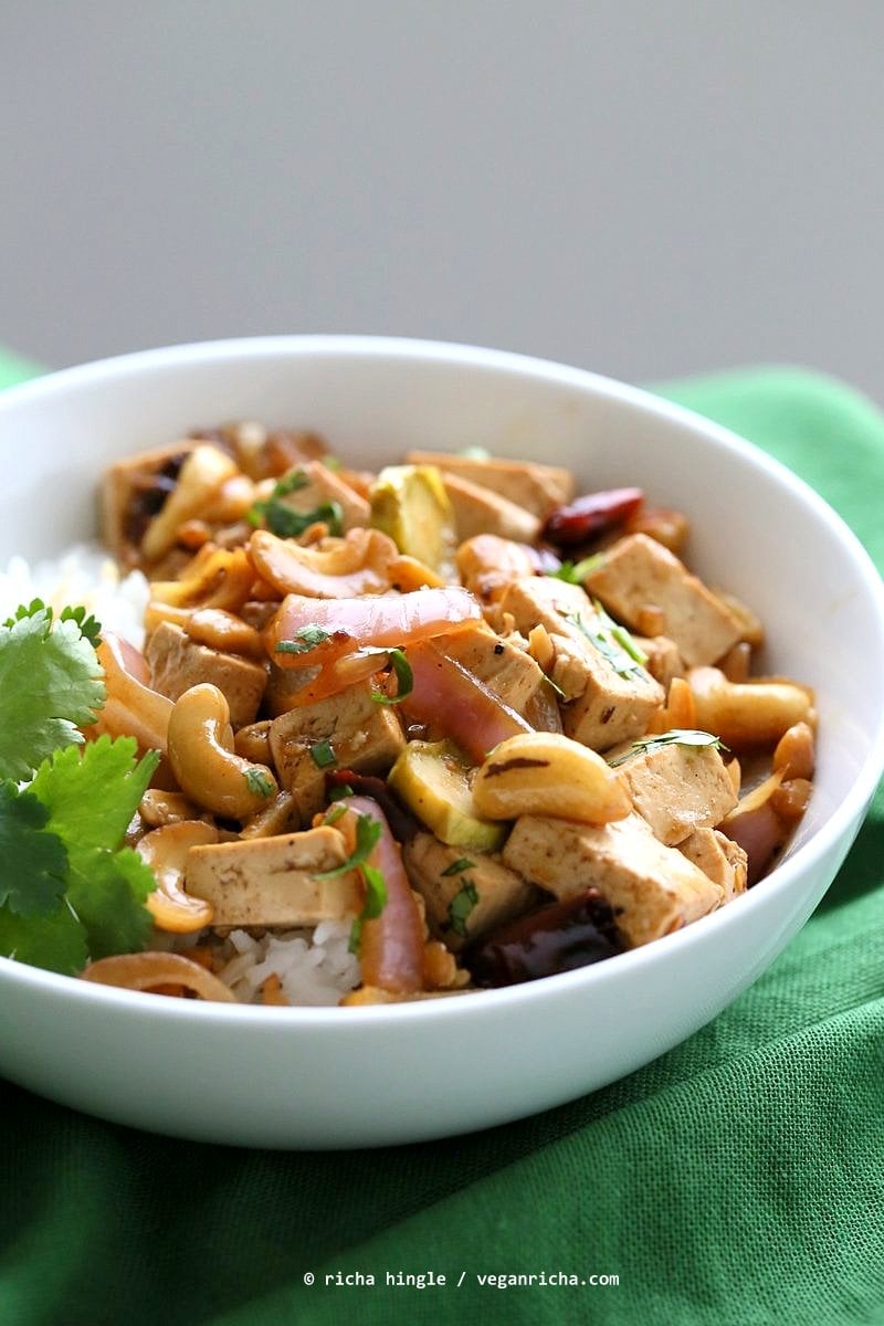 Cashew Tofu Stir Fry. Vegan Thai Cashew Delight Recipe with Tofu and Veggies. Easy One Pot weeknight meal. Serve with rice or grains of choice. VeganRicha.com Vegan gluten-free Recipe