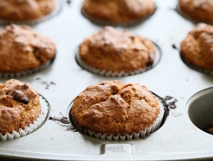 Vegan Gluten free Banana Muffins . Easy Breakfast Muffins. Almond flour, Oat flour, 2 bananas and large Chocolate chunks. Glutenfree Breakfast Muffin Recipe | VeganRicha.com