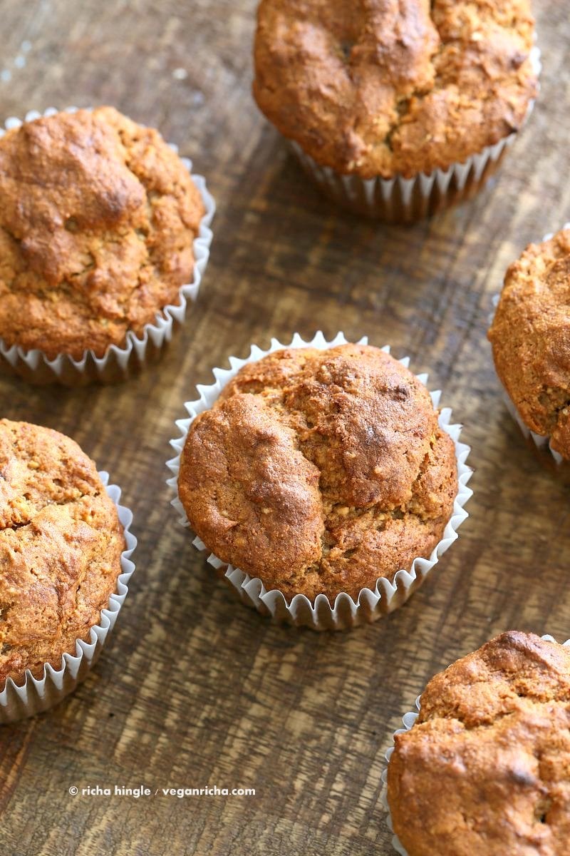 Vegan Gluten free Banana Muffins . Easy Breakfast Muffins. Almond flour, Oat flour, 2 bananas and large Chocolate chunks. Glutenfree Breakfast Muffin Recipe | VeganRicha.com