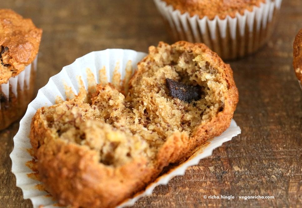 Vegan Gluten free Banana Muffins . Easy Breakfast Muffins. Almond flour, Oat flour, 2 bananas and large Chocolate chunks. Glutenfree Breakfast Muffin Recipe | VeganRicha.com #vegan #glutenfree #muffin