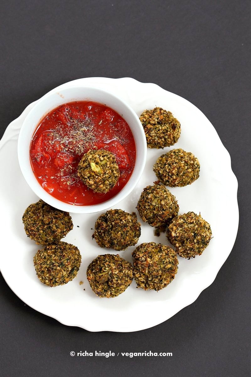 Vegan Broccoli Balls. Broccoli Cheese Balls, veggie / meat balls. Serve with marinara, or over spaghetti or in a sub.| VeganRicha.com #vegan #recipe