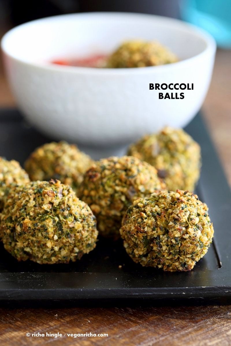 Vegan Broccoli Balls. Broccoli Cheese Balls, veggie / meat balls. Serve with marinara, or over spaghetti or in a sub.| VeganRicha.com #vegan #recipe