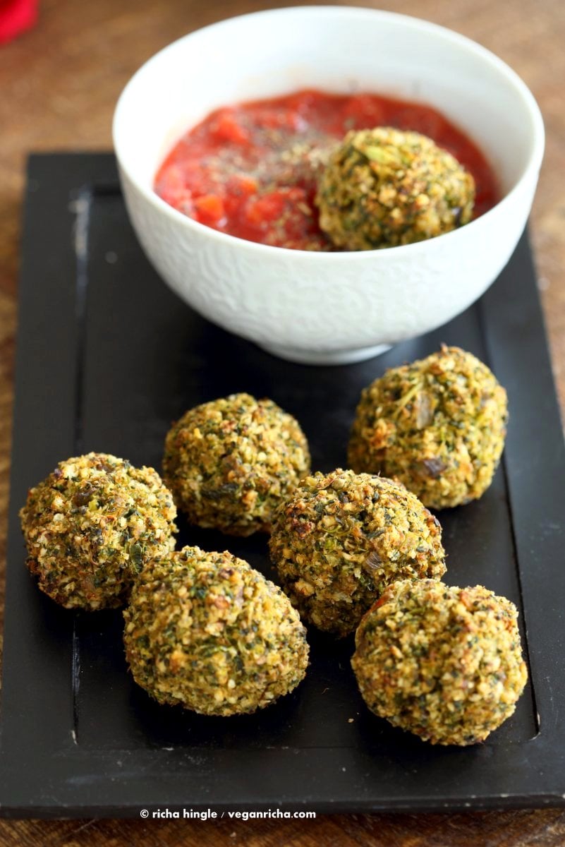 Vegan Broccoli Balls. Broccoli Cheese Balls, veggie / meat balls. Serve with marinara, or over spaghetti or in a sub.| VeganRicha.com #vegan #recipe