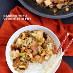 Cashew Tofu Stir Fry. Vegan Cashew Delight Recipe with Tofu and Veggies. Easy One Pot weeknight meal. Serve with rice or grains of choice. VeganRicha.com Vegan gluten-free Recipe #glutenfree #veganricha #vegan