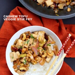 Cashew Tofu Stir Fry. Vegan Cashew Delight Recipe with Tofu and Veggies. Easy One Pot weeknight meal. Serve with rice or grains of choice. VeganRicha.com Vegan gluten-free Recipe #glutenfree #veganricha #vegan