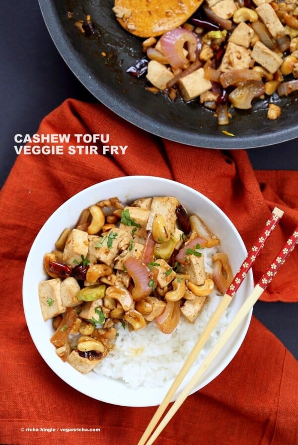 Cashew Tofu Stir Fry. Vegan Cashew Delight Recipe with Tofu and Veggies. Easy One Pot weeknight meal. Serve with rice or grains of choice. VeganRicha.com Vegan gluten-free Recipe #glutenfree #veganricha #vegan