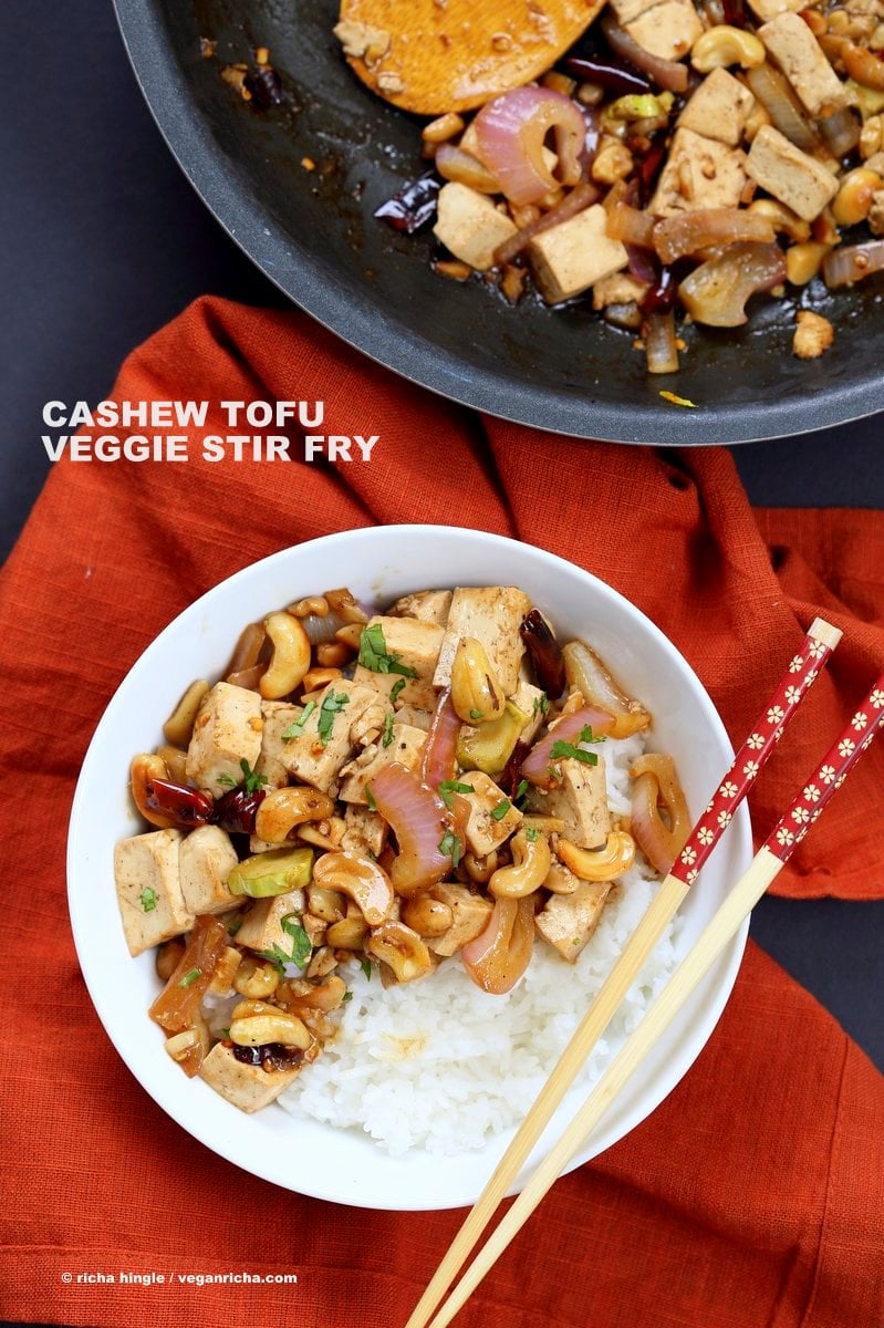 Cashew Tofu Stir Fry. Vegan Cashew Delight Recipe with Tofu and Veggies. Easy One Pot weeknight meal. Serve with rice or grains of choice. VeganRicha.com Vegan gluten-free Recipe