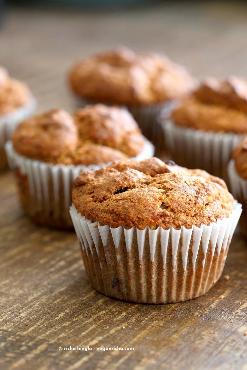 Vegan Gluten free Banana Muffins . Easy Breakfast Muffins. Almond flour, Oat flour, 2 bananas and large Chocolate chunks. Glutenfree Breakfast Muffin Recipe | VeganRicha.com #vegan #glutenfree #soyfree #recipe