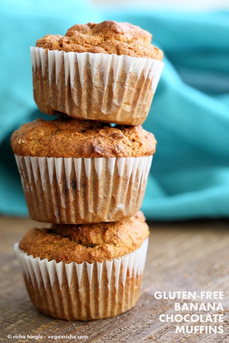 Vegan Gluten free Banana Muffins . Easy Breakfast Muffins. Almond flour, Oat flour, 2 bananas and large Chocolate chunks. Glutenfree Breakfast Muffin Recipe | VeganRicha.com