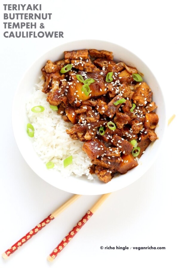 Tempeh Cauliflower Butternut in Teriyaki Sauce. This teriyaki sauce is date sweetened and works amazingly with butternut squash and vegetables. Vegan Gluten-free Recipe VeganRicha.com #glutenfree #veganricha #vegan