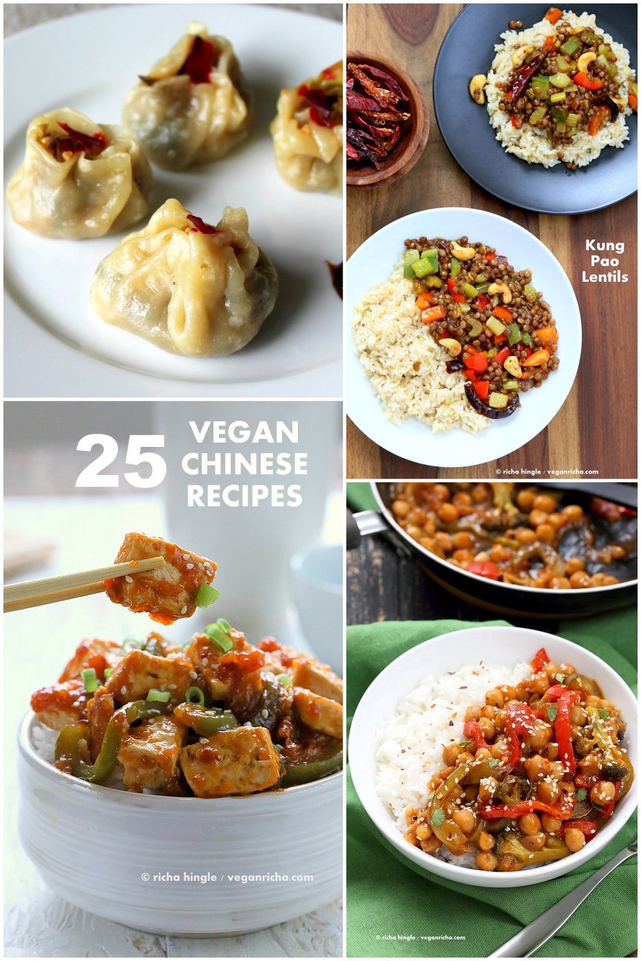 25 Vegan Chinese Recipes | VeganRicha.com #vegan #chinese #recipe Kung Pao, Sweet and Sour, Dumplings, Steamed Buns, Orange Tofu, Potstickers, Soups and more. Chinese Inspired Recipes. Gluten-free Soy-free Options