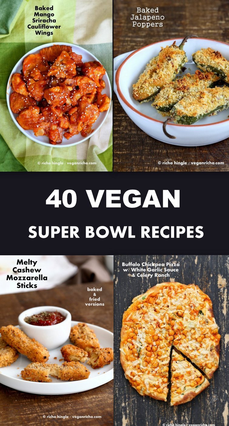 40 Vegan Super Bowl Recipes | VeganRicha.com Buffalo Cauliflower Wings, Appetizers, Gameday Snacks and Dips Vegan Superbowl Recipes