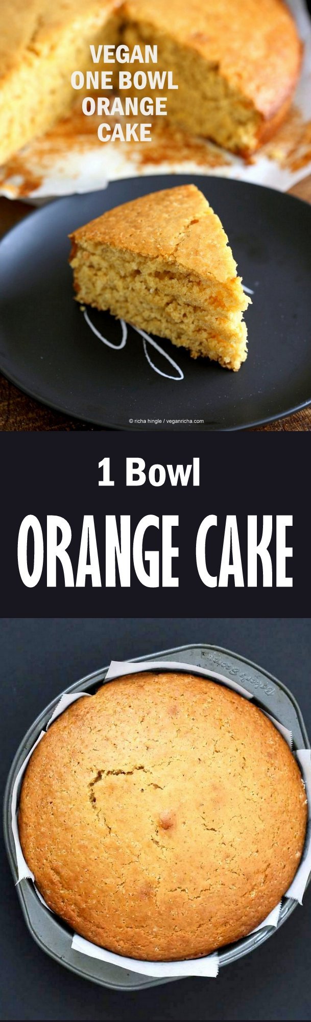 Vegan Orange Cake made in 1 Bowl and just 8 ingredients! Easy Moist Citrusy Vegan Cake. Soyfree Palm-Oil-free Recipe | VeganRicha.com