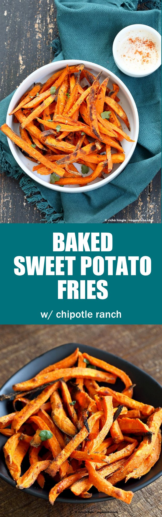 Baked Sweet Potato Fries with Vegan Chipotle Ranch. Easy Crisp Sweet Potato Fries served with dairy free ranch. VeganRicha.com #Vegan #Appetizer #Recipe #Glutenfree #Soyfree