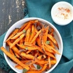 Baked Sweet Potato Fries with Vegan Chipotle Ranch. Easy Crisp Sweet Potato Fries served with dairy free ranch. VeganRicha.com #Vegan #Appetizer #Recipe #Glutenfree #Soyfree #veganricha