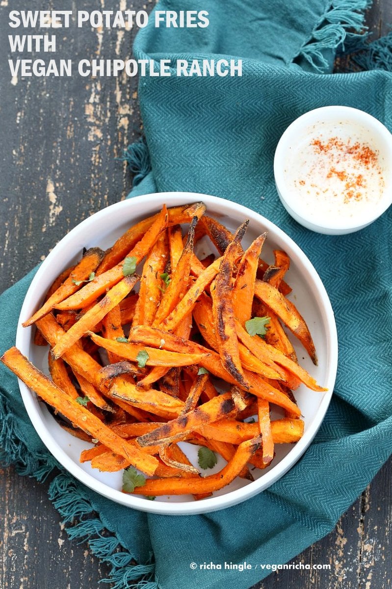 Baked Sweet Potato Fries with Vegan Chipotle Ranch. Easy Crisp Sweet Potato Fries served with dairy free ranch. VeganRicha.com #Vegan #Appetizer #Recipe #Glutenfree #Soyfree