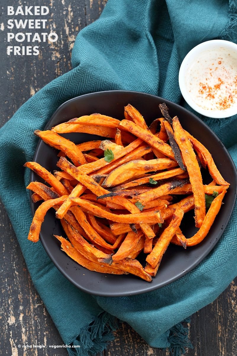 Baked Sweet Potato Fries with Vegan Chipotle Ranch. Easy Crisp Sweet Potato Fries served with dairy free ranch. Vegan Appetizer Recipe Glutenfree Soyfree VeganRicha.com