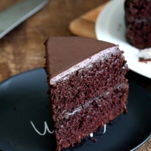 Vegan Chocolate Cake with Chocolate Peanut Butter Ganache. Simple Chocolate Layer Cake. Add raspberry or apricot preserves. Soy-free Palm Oil-free Recipe | VeganRicha.com #glutenfree #veganricha #vegan