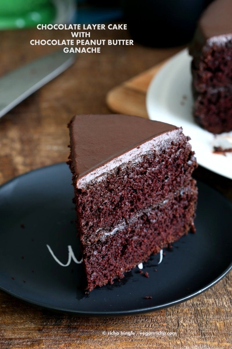 Vegan Chocolate Cake with Chocolate Peanut Butter Ganache. Simple Chocolate Layer Cake. Add raspberry or apricot preserves. Soy-free Palm Oil-free Recipe | VeganRicha.com