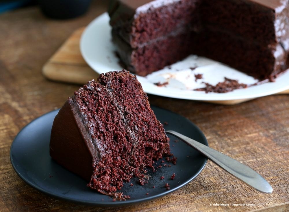 Vegan Chocolate Cake with Chocolate Peanut Butter Ganache. Simple Chocolate Layer Cake. Add raspberry or apricot preserves. #vegan #Soyfree #PalmOilfree #Recipe | VeganRicha.com