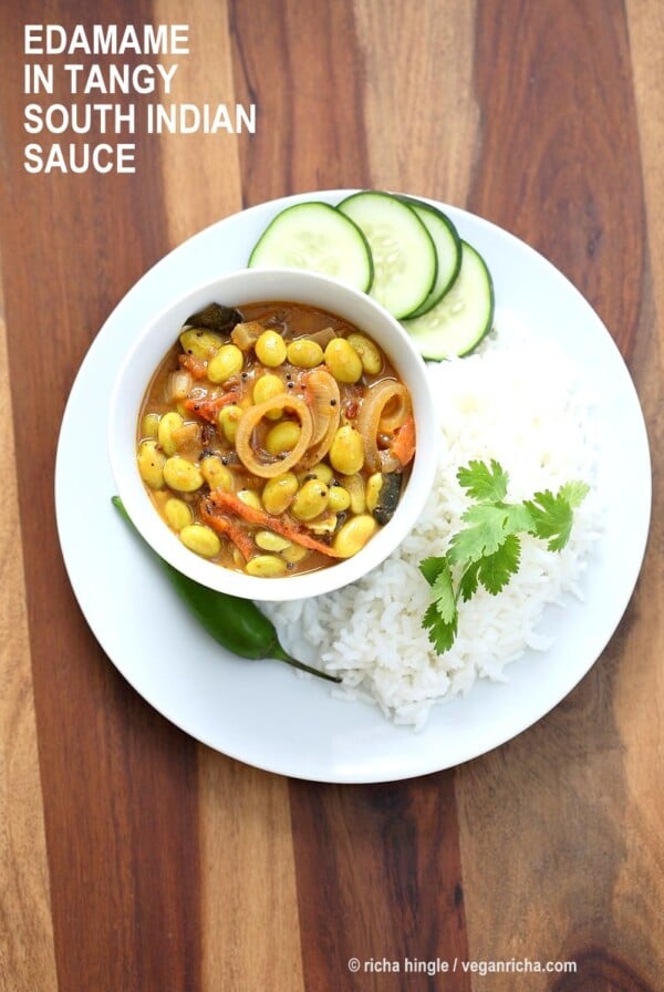 Edamame in Tangy South Indian Curry - Edamame Kara Kuzambu. Use other beans or chickpeas in this delicious vegan gluten-free Indian curry | VeganRicha.com #glutenfree #veganricha #vegan