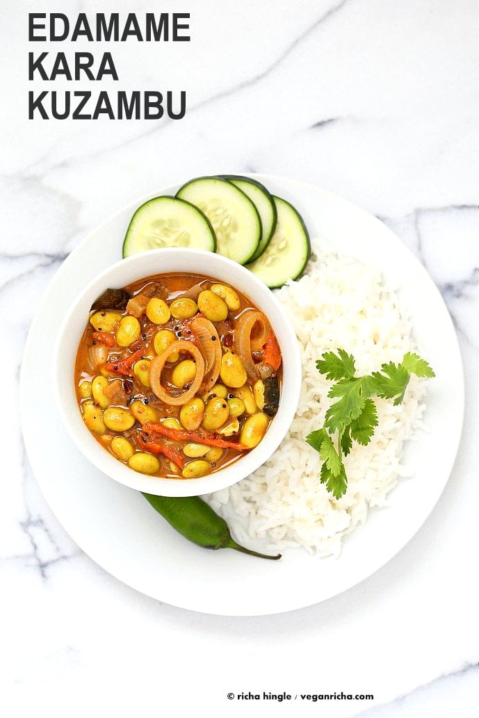 Edamame in Tangy South Indian Curry - Edamame Kara Kuzambu. Use other beans or chickpeas in this delicious #vegan #glutenfree Indian curry #recipe | VeganRicha.com