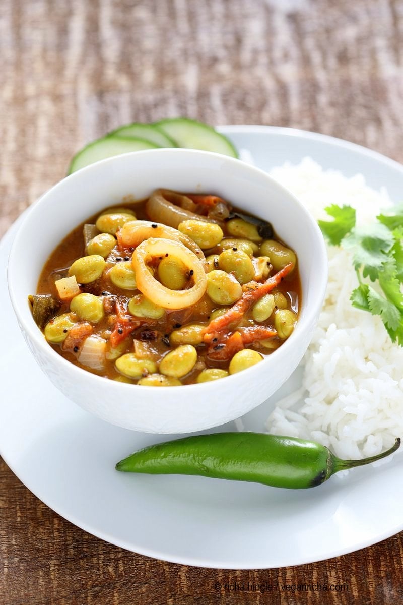 Edamame in Tangy South Indian Curry - Edamame Kara Kuzambu. Use other beans or chickpeas in this delicious vegan gluten-free Indian curry | VeganRicha.com