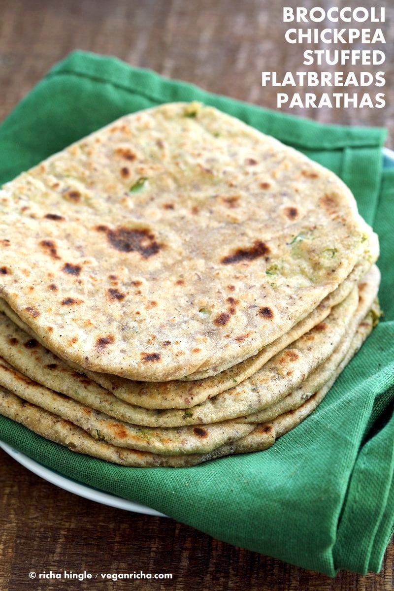 Broccoli Chickpea Stuffed Flatbread - Broccoli Paratha. Shredded broccoli, mashed chickpeas and spices stuffed in a paratha flatbread. | VeganRicha.com #Vegan #Indian #Recipe #Soyfree