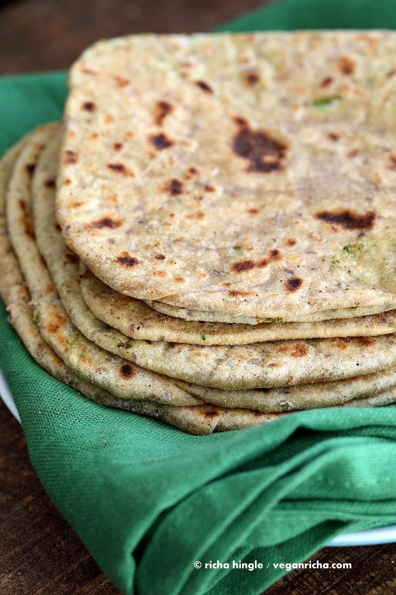Broccoli Chickpea Stuffed Flatbread - Broccoli Paratha. Shredded broccoli, mashed chickpeas and spices stuffed in a paratha flatbread. | VeganRicha.com Vegan Indian Recipe Soyfree