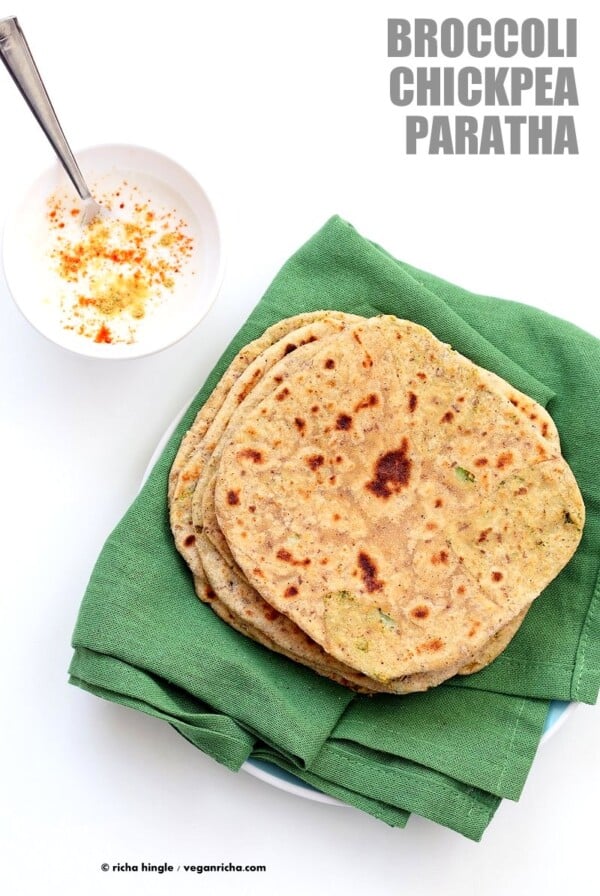 Broccoli Chickpea Stuffed Flatbread - Broccoli Paratha. Shredded broccoli, mashed chickpeas and spices stuffed in a paratah flatbread. | VeganRicha.com Vegan Indian Recipe Soyfree #glutenfree #veganricha #vegan