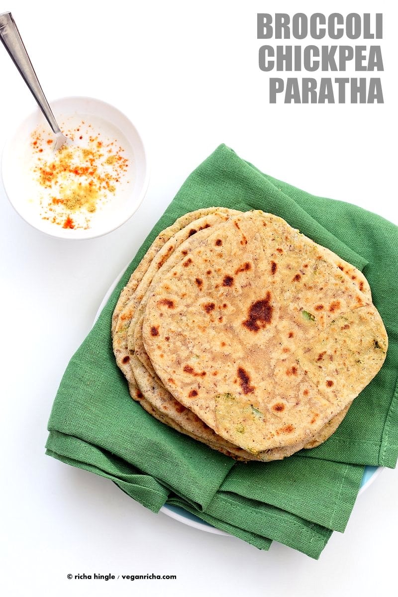 Broccoli Chickpea Stuffed Flatbread - Broccoli Paratha. Shredded broccoli, mashed chickpeas and spices stuffed in a paratha flatbread. | VeganRicha.com Vegan Indian Recipe Soyfree