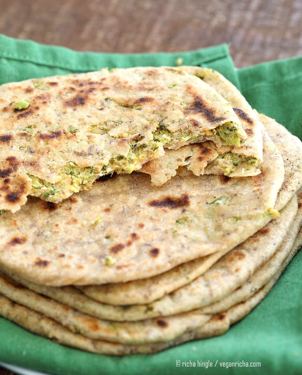 Broccoli Chickpea Stuffed Flatbread - Broccoli Paratha. Shredded broccoli, mashed chickpeas and spices stuffed in a paratha flatbread. | VeganRicha.com #Vegan #Indian #Recipe #Soyfree