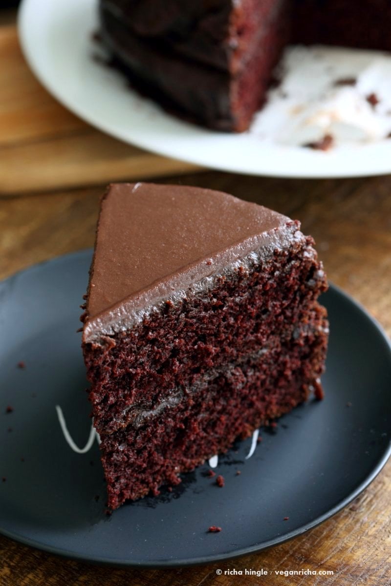 Vegan Chocolate Cake with Chocolate Peanut Butter Ganache. Simple Chocolate Layer Cake. Add raspberry or apricot preserves. Soy-free Palm Oil-free Recipe | VeganRicha.com