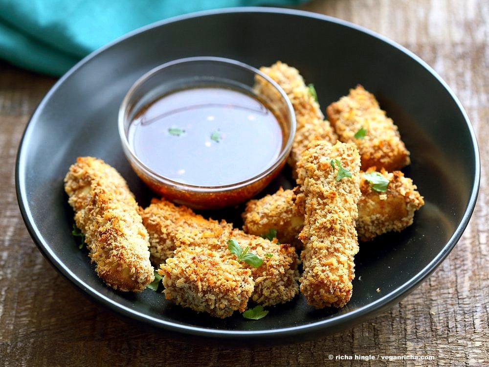 Crispy Tofu with Sweet Chili Sauce. Crunchy Crispy Breaded Tofu Strips with Sweet chili dipping sauce. Vegan Appetizer Recipe for Super bowl Gameday | VeganRicha.com