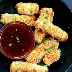 Crispy Tofu with Sweet Chili Sauce. Cruncy Crispy Breaded Tofu Strips with Sweet chili dipping sauce. Vegan Appetizer Recipe for Super bowl Gameday | VeganRicha.com #glutenfree #veganricha #vegan