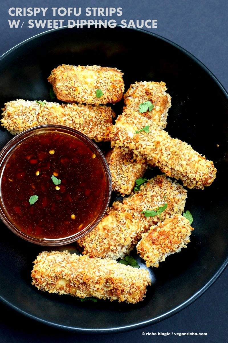 Vegan Crispy Tofu with Sweet Chili Sauce. Baked Crunchy Crispy Breaded Tofu Strips with Sweet chili dipping sauce. Vegan Appetizer Recipe for Super bowl Gameday | VeganRicha.com