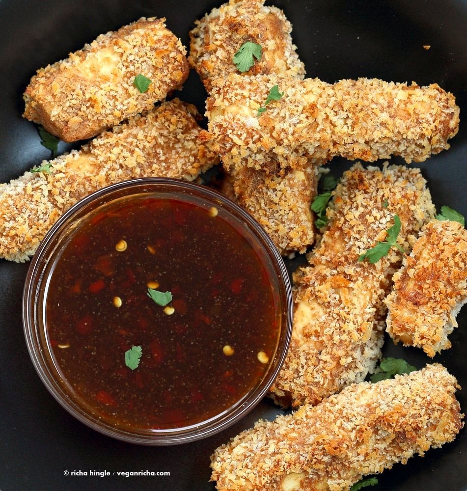 Crispy Tofu Fingers with sweet dipping sauce | VeganRicha.com