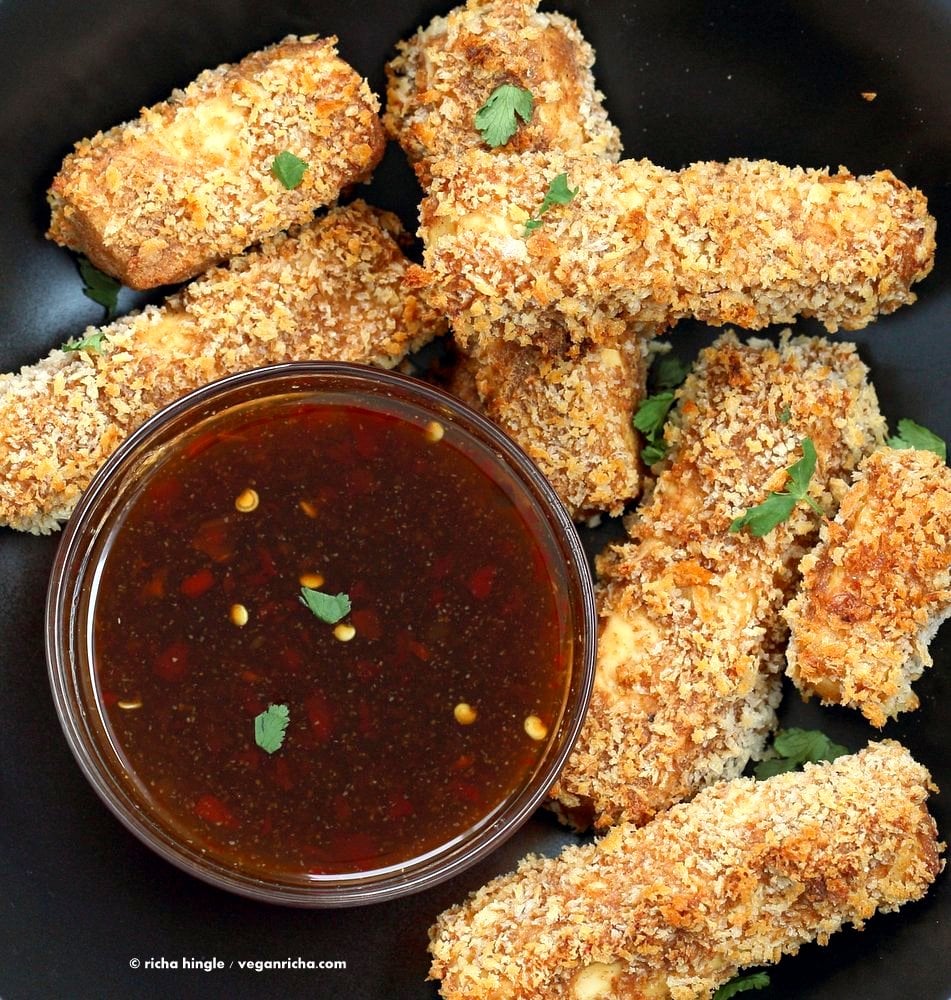 Crispy Tofu with Sweet Chili Sauce. Crunchy Crispy Breaded Tofu Strips with Sweet chili dipping sauce. Vegan Appetizer Recipe for Super bowl Gameday | VeganRicha.com